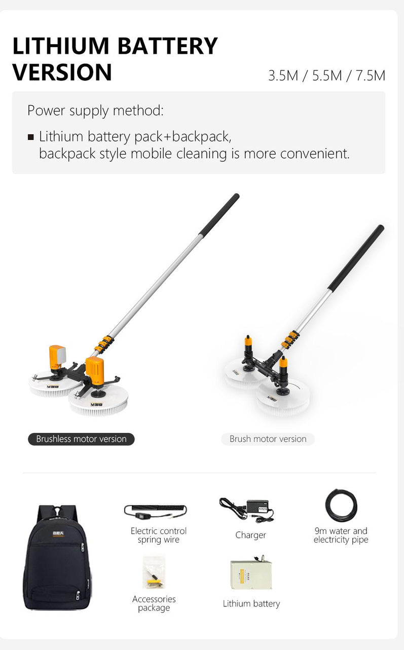 EB-01 Dual Power Brushless Solar Panel Cleaning Brush – 7.5m Telescopic Pole